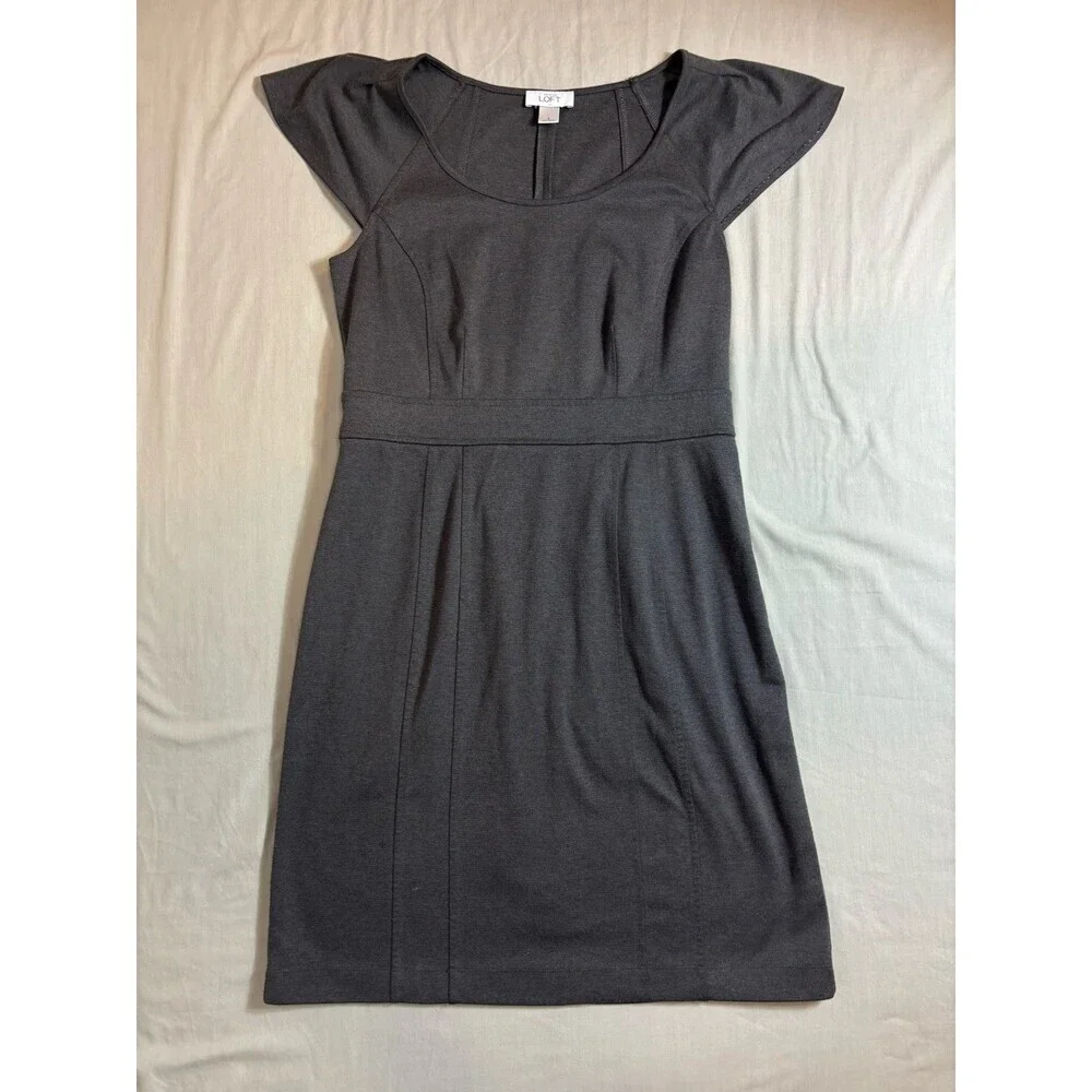 Ann Taylor Loft Sheath Dress Charcoal Gray Round Neck Capped Sleeve Zip Size 8 - Picture 1 of 7